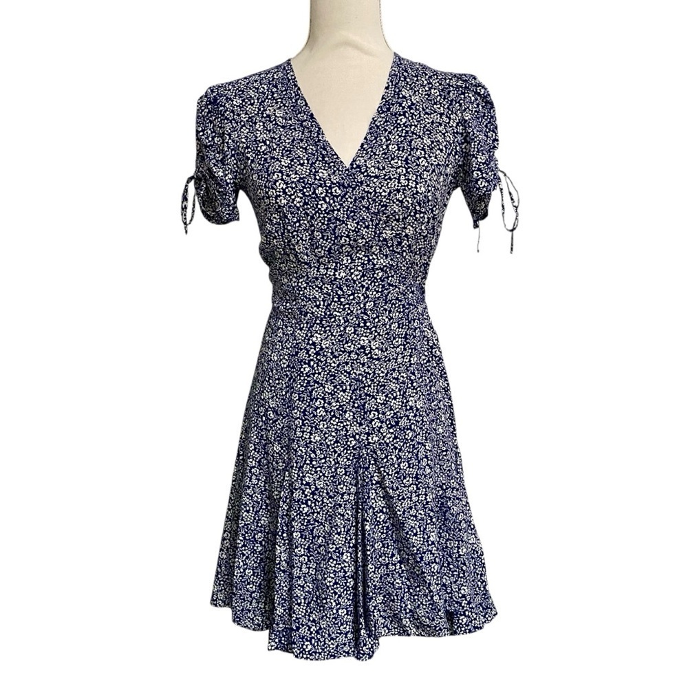 Polo Ralph Lauren Navy Floral Wrap Dress Fit Flare Tie Sleeve XS